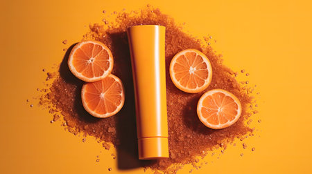 Orange skin care product on orange background. Top view, flat layの素材