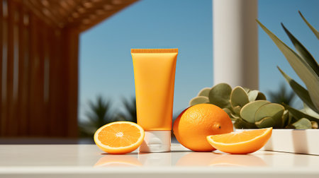 Sunscreen cream bottle with orange fruit on the table. 3d renderingの素材