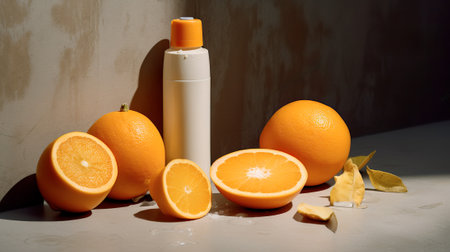 Orange and a bottle of shampoo on a gray background with oranges.の素材