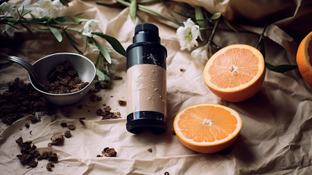 Essential oil in a bottle on a wooden background with fresh orangesの素材