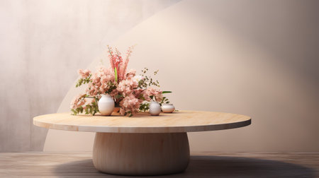 Wooden table with a vase of flowers. 3d renderingの素材