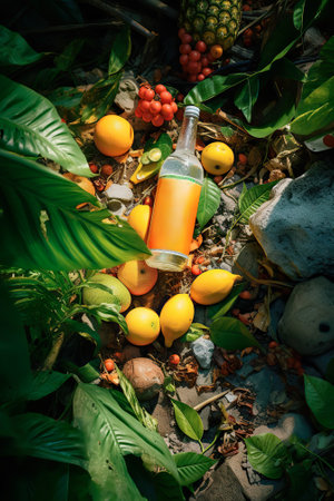 bottle of orange juice with fruits on the ground in the gardenの素材