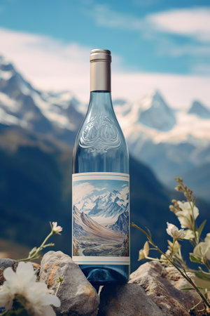 bottle of white wine on the background of mountains and blue skyの素材