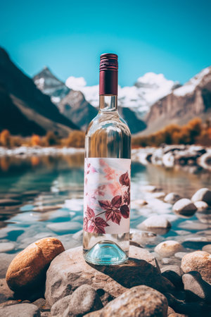 Bottle of white wine with rose print on the background of mountainsの素材