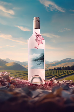 Wine bottle with a map of the world against vineyard landscapeの素材