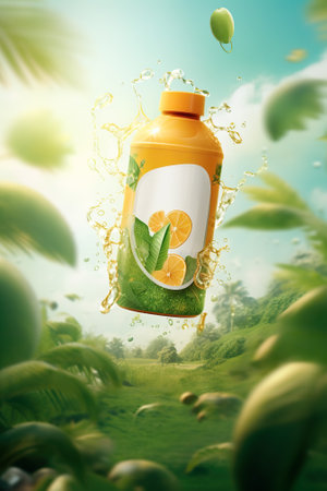 Orange juice in bottle with splash on nature background. 3d illustrationの素材
