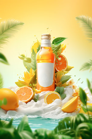cosmetic cream in bottle with orange slices on the background of tropical leavesの素材