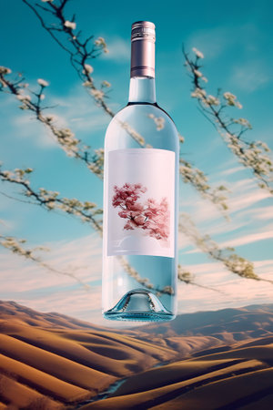 Bottle of white wine in the desert. Toned image.の素材
