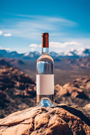 Bottle of white wine on a rock in the mountains. Conceptual image.の素材