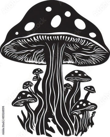 Black and white illustration of a fly agaric mushroom on a white background.の写真素材