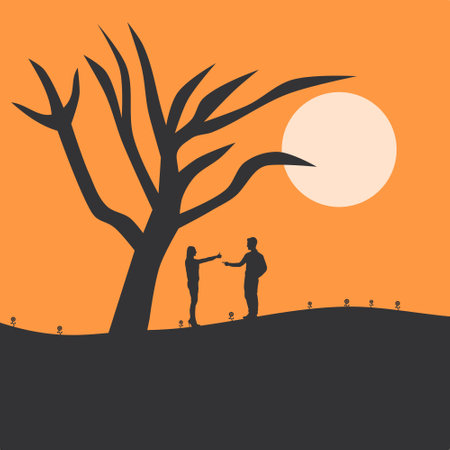 Man and Woman Silhouette Background Illustration. Together next to the tree.のイラスト素材