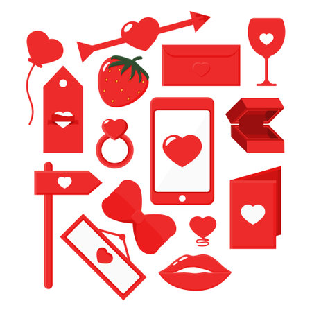 Collection of Red Valentine Icon Elements for Decoration. Includes Cell Phone, Arrow, Balloon, Envelope, Glass, Ring, Ribbon, Strawberry, Lip, Sign.のイラスト素材