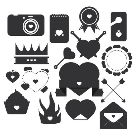 Valentine Icon Outline Collection. Camera, Calendar, Tag, Medal, Sword, Cupcake, Fire, Envelope, Heart.のイラスト素材