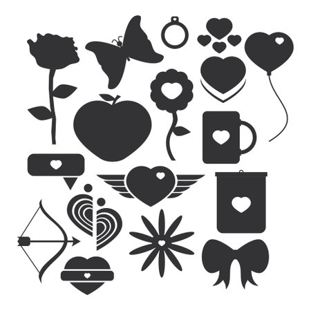 Collection of Black Romantic Valentine Icon Silhouettes. Flowers, Butterflies, Balloons, Rings, Bubbles, Glasses, Bows, Ribbons.のイラスト素材