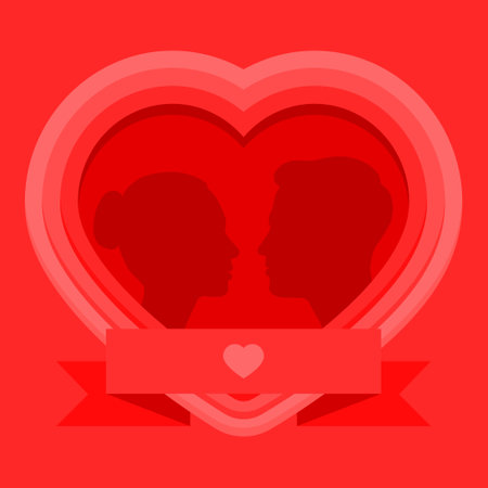 Romantic Valentine Couple Silhouette with Red Heart Background.のイラスト素材