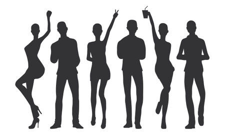 People Walking Dancing and Drinking Silhouettes Vector. Group of People Standing. Having fun. Illustration Design.のイラスト素材