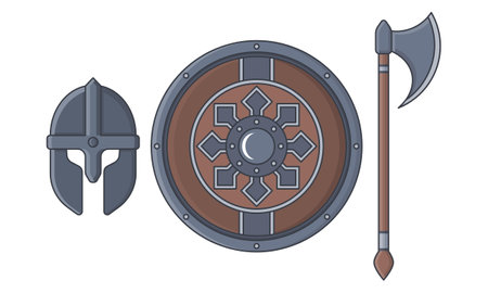 Medieval Helmet, Shield, and Battle Ax Vector. Helmet Armor, Wooden Guard and Sharp Wooden Handled Ax.のイラスト素材