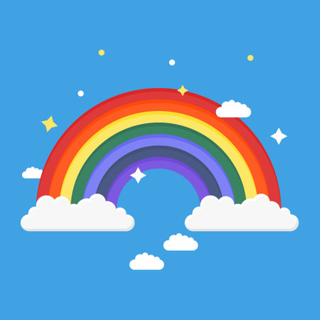 Beautiful Rainbow Design with White Clouds. Bright Blue Sky. Vector Rainbow Illustration.のイラスト素材