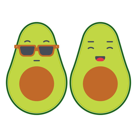 Green Avocado with Facial Expression and Glasses Vector. Avocado with Happy Smiling Face.