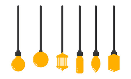 Bright Yellow Hanging Lamp Vector. Various Hanging Lamp Designs. Yellow Bulb Icon.のイラスト素材