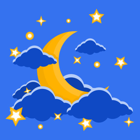 Beautiful Crescent Moon with Clouds and Stars Vector. Bright Crescent Moon Element.のイラスト素材