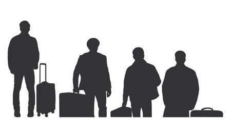Silhouette of Man Traveling with Suitcase. Silhouette of Black Man Walking with Carrying Suitcase.のイラスト素材