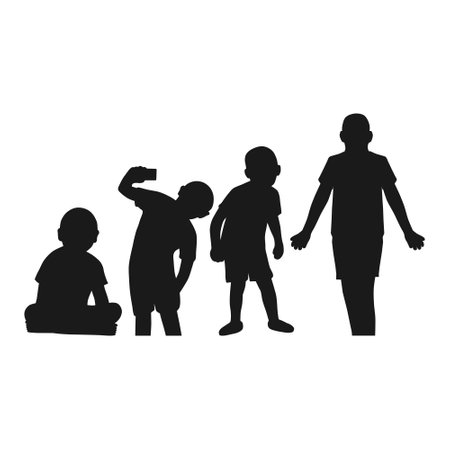 Silhouette of Children Doing Activities. Black Silhouette of a Child Sitting, Taking a Selfie. Children Happy.のイラスト素材