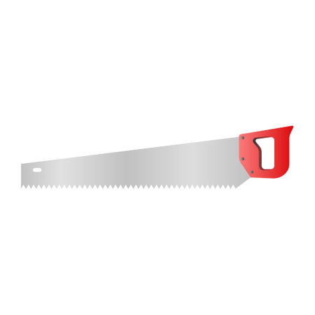 Sharp Red Handle Saw Vector on White Background. Metal Hand Saw for Cutting Wood.のイラスト素材