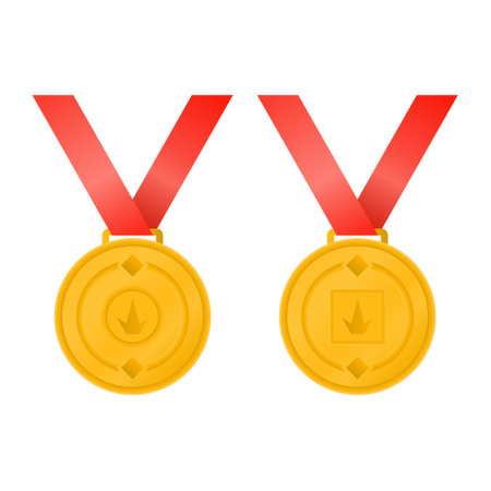 Gold Medal of Honor Vector on White Background. Award Medal with Red Ribbon. Gold Medal of Success.のイラスト素材