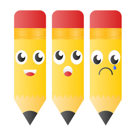 Cute Pencil Vector with Various Facial Expressions. Happy Sad Pencil Elements. School Supplies Pencil.のイラスト素材