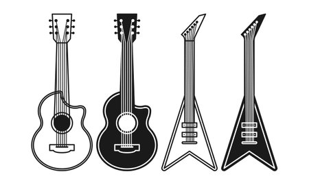 Electric Guitar Music Instrument Black Flat and Outline Style. Guitar Icon.のイラスト素材