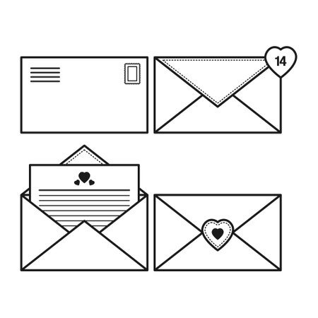 Envelope with Love Letter Outline Style. Envelope with Heart Seal. Romantic Envelope.のイラスト素材