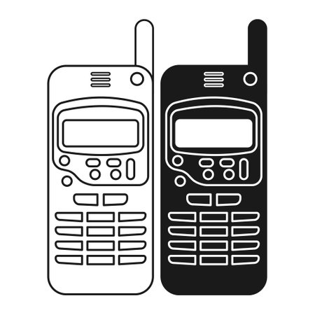 Vintage Mobile Phone with Flat Black Antenna and Outline Style. Vintage Communication Device Mobile Phone.のイラスト素材