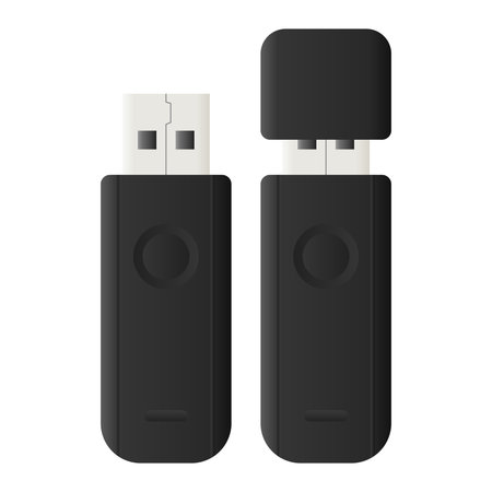 Black Flash Drive Black Vector Data Storage Equipment. Portable Data Transfer Technology Flash Drive.のイラスト素材