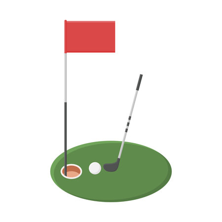 Golf Club and Ball with Green Field and Red Flag Vector. Golf Sports Equipment.のイラスト素材