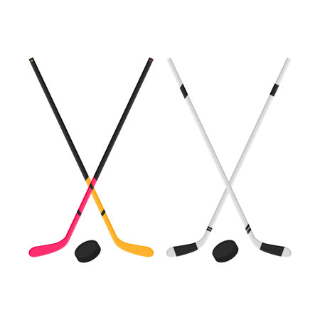 Crossed Hockey Sticks and Puck Vector. Hockey Sport Elements. Hockey Sticks and Puck on White Background.のイラスト素材