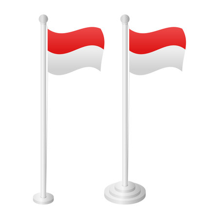 Flagpole with Indonesian Red and White Flag Vector. Indonesian Flag Waving. Indonesian Flag on White Background.のイラスト素材