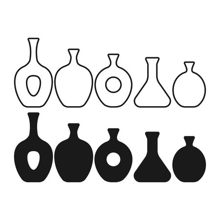Simple Vase Collection Flat Black and Outline Style. Decorative Vase for Interior.のイラスト素材