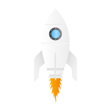White Rocket Launch Vector. Rocket Taking Off with Flames. Simple Rocket Icon.のイラスト素材