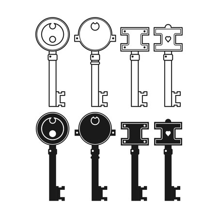 Minimalist Vintage Key Flat Black and Outline Style. Perfect for Antique Decor. Medieval Key Collection.のイラスト素材