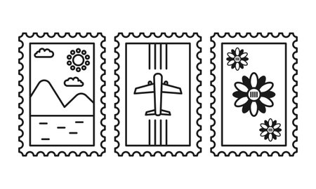 Outline Style Postage with Flowers, Airplanes, and Mountains. Minimalist Stamps Perfect for Travel.