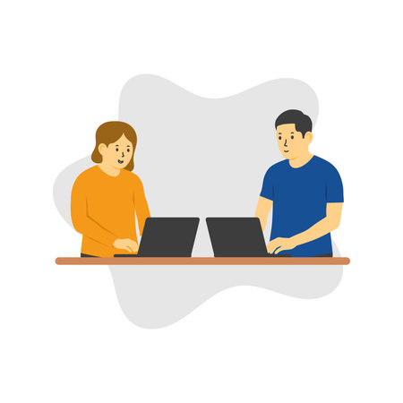 Flat Illustration of a Man and Woman Working Side by Side with Their Black Laptops. Perfect for Office, Collaboration, Business, and Co-Working.のイラスト素材