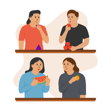 Group of People Eating and Enjoying Fruits Vector. Suitable for Healthy Lifestyle, Nutrition, Wellness, and Summer Themes.のイラスト素材