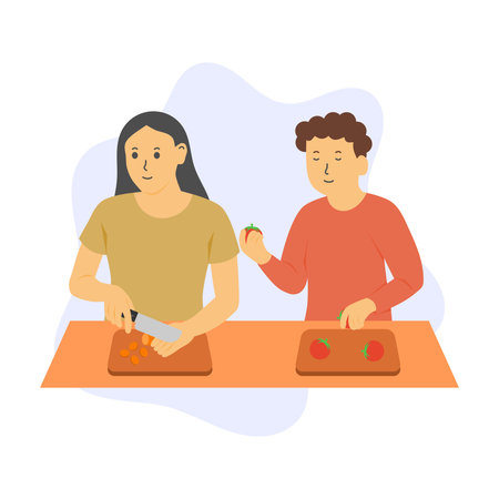 Flat Illustration of Two People Chopping Vegetables on a Cutting Board, Cutting Carrots and Tomatoes. Suitable for Cooking, Food Preparation, and Culinary Arts.のイラスト素材