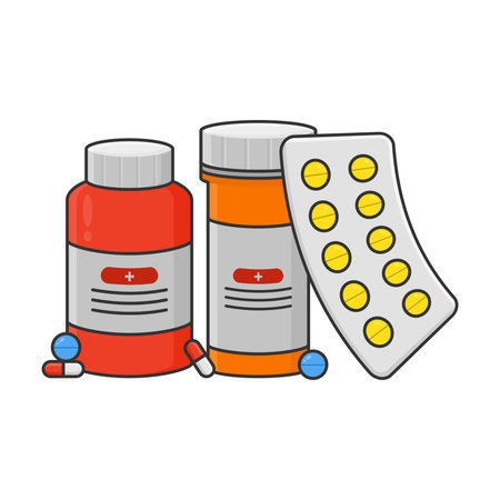 Collection of Various Types of Medicines in Bottles and Tablets. Suitable for Healthcare, Pharmaceutical, and Hospital Needs.のイラスト素材