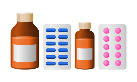 Collection of Medicines Including Bottle Medicines and Tablet Medicines. Suitable for Healthcare, Pharmacy, Hospitals, and Medical Care.のイラスト素材