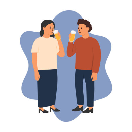 Flat Illustration of a Man and Woman Standing While Holding Fruit Juice Drinks. Perfect for Healthy Lifestyle, Summer, Drinks, and Refreshment.のイラスト素材