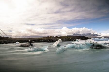 Long exposure of the river at the ice lagoon at JÃ¶kulsÃ¡rlÃ³n, in the south of Iceland, on a...