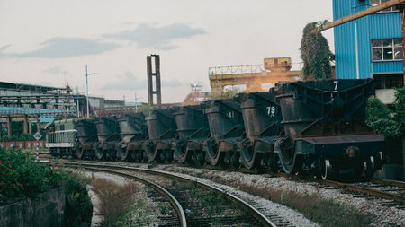 Railway wagons in front of a train station. Railway transportationの写真素材