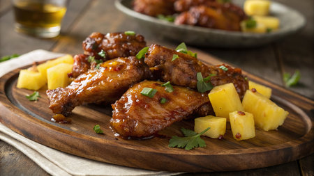 Fried chicken wings with pineapple and herbs on a wooden board.の素材